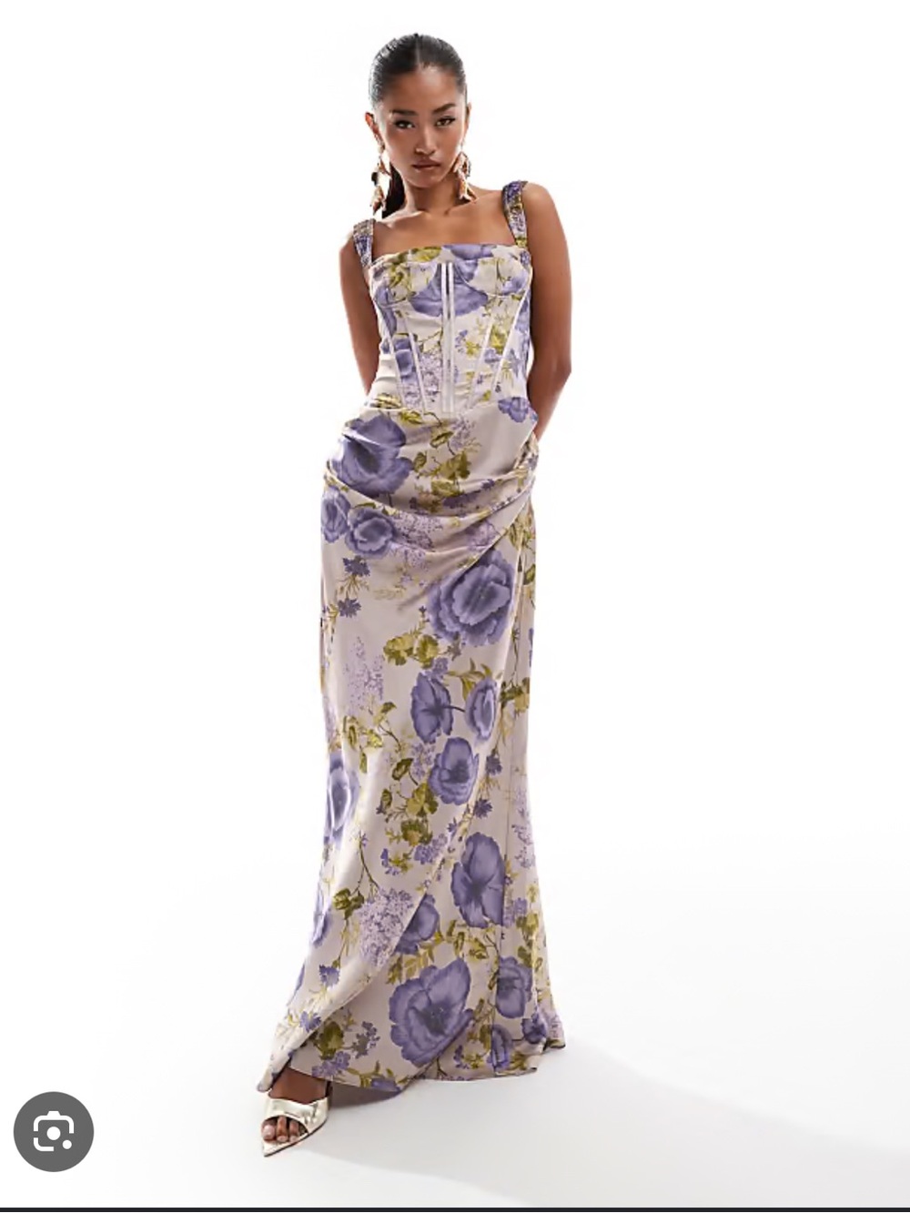 ASOS DESIGN corset detail draped satin maxi dress with lace up back floral print